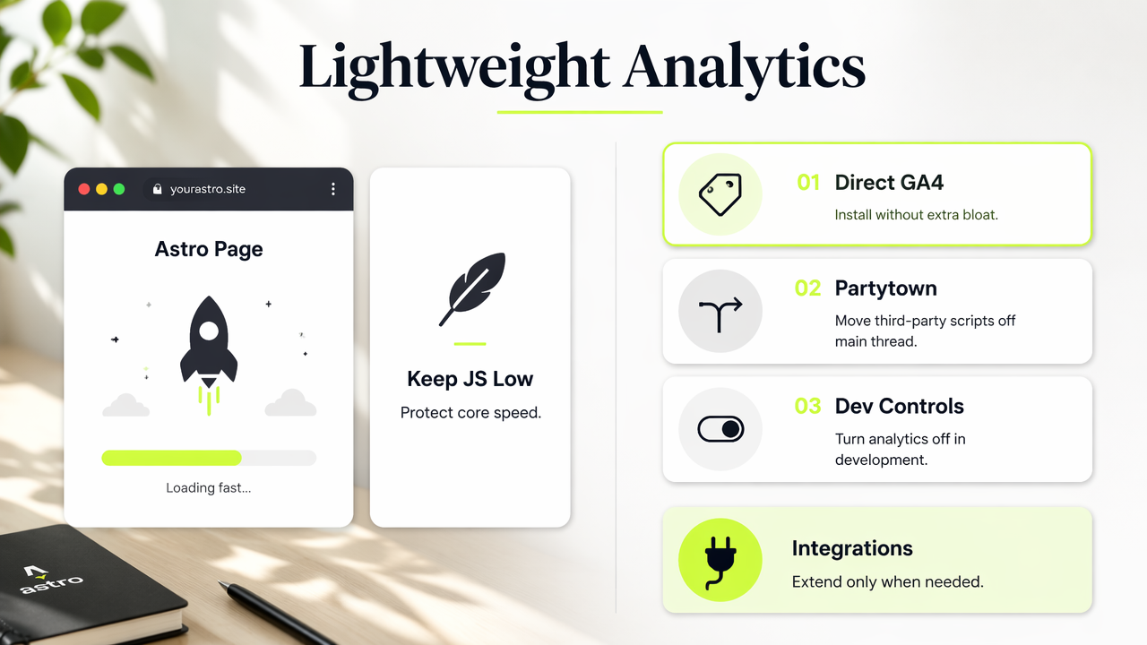 Astro analytics setup diagram showing lightweight tracking, Partytown, and dev controls.