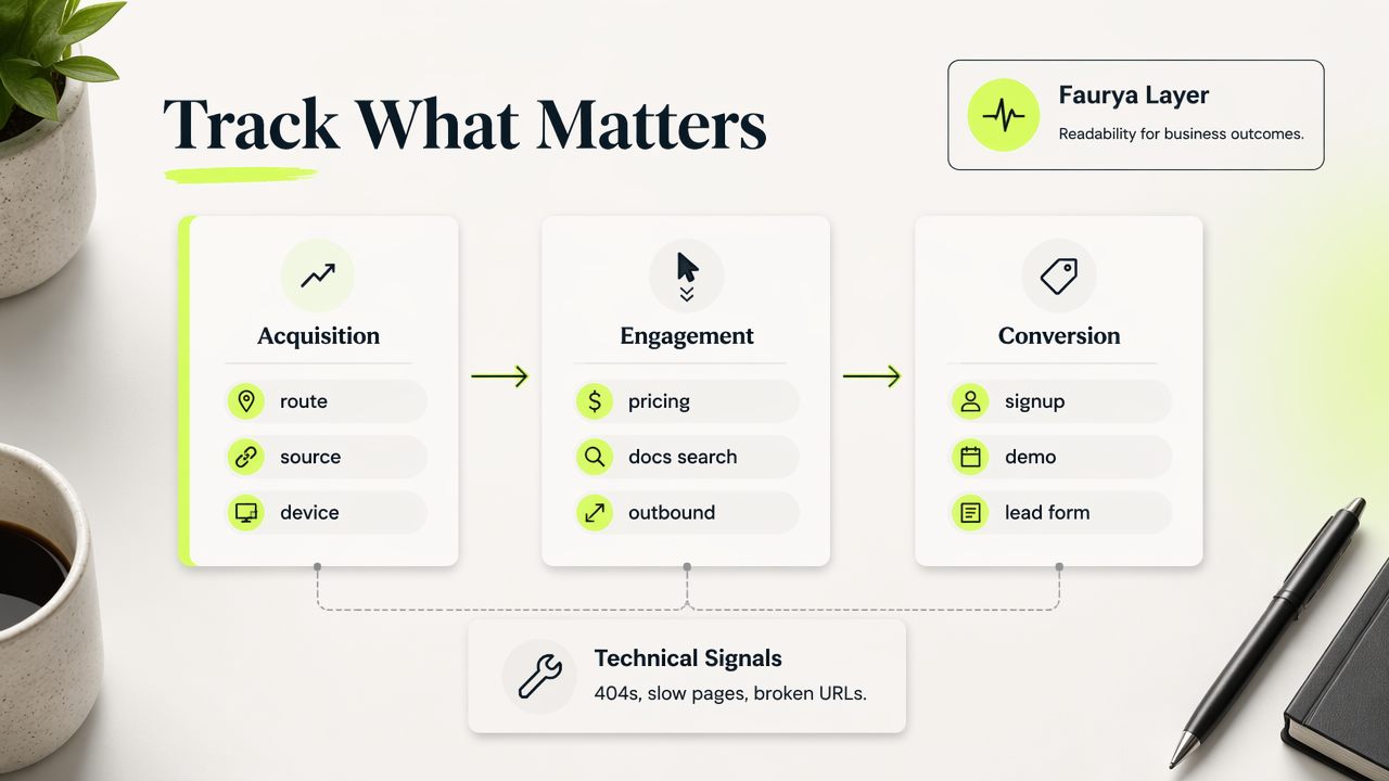 Astro website tracking map for acquisition, engagement, conversion, and technical signals.