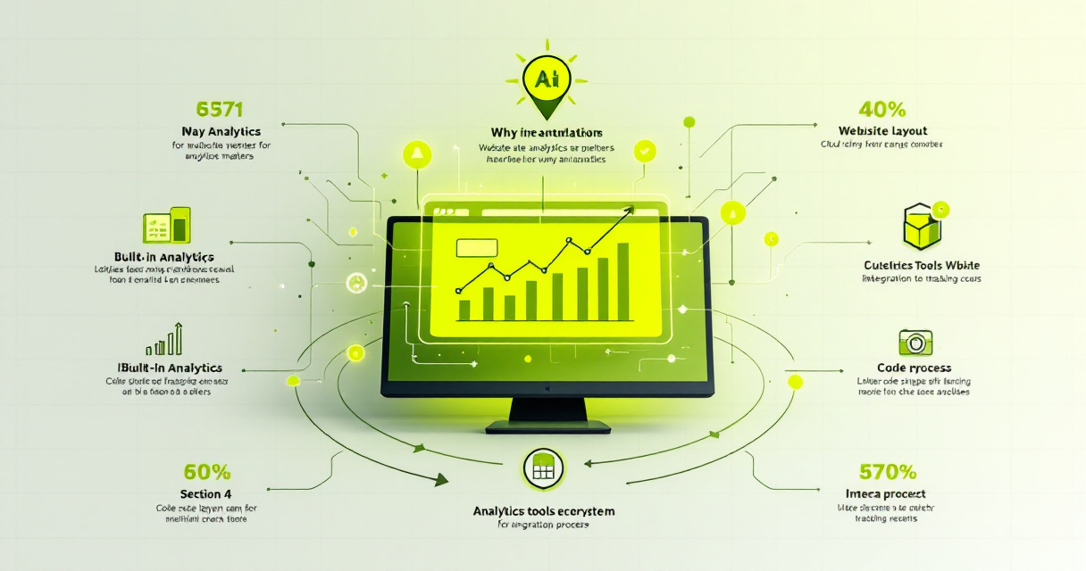 Modern infographic showing analytics tools, setup, and data strategy for Framer websites with charts, dashboards, and growth visuals