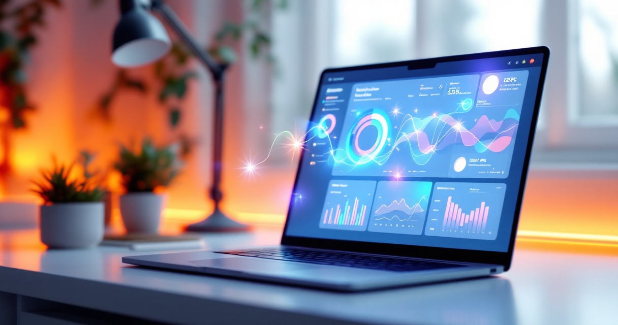 Abstract built-in website analytics dashboard with glowing data visuals on a modern laptop