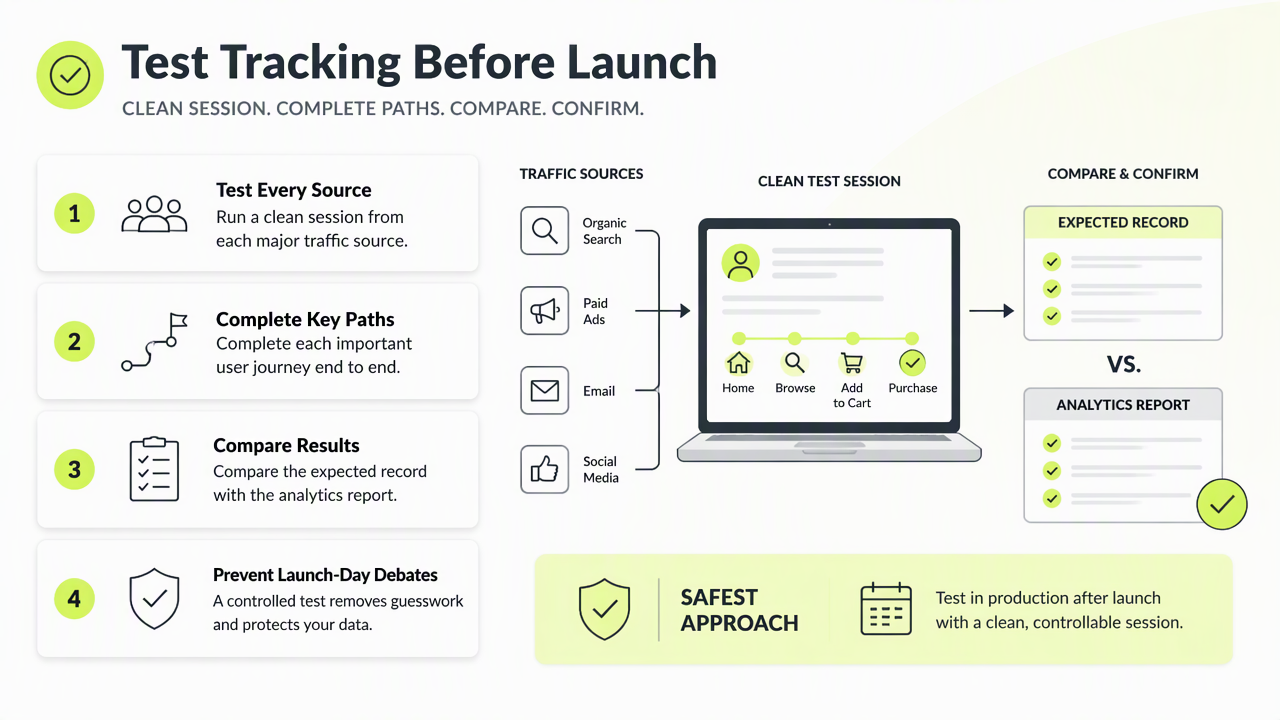 Illustration for How should teams test pageviews, events, UTMs, and conversions?