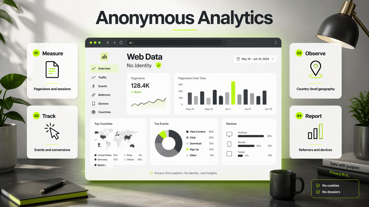 Infographic showing anonymous analytics metrics without identity, cookies, or visitor profiles.