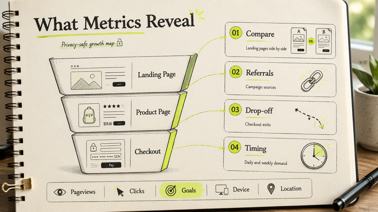 Annotated funnel diagram showing privacy-safe metrics like referrals, clicks, drop-off, and timing.