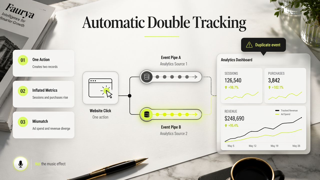 Analytics event duplication shown as one action creating two dashboard records.