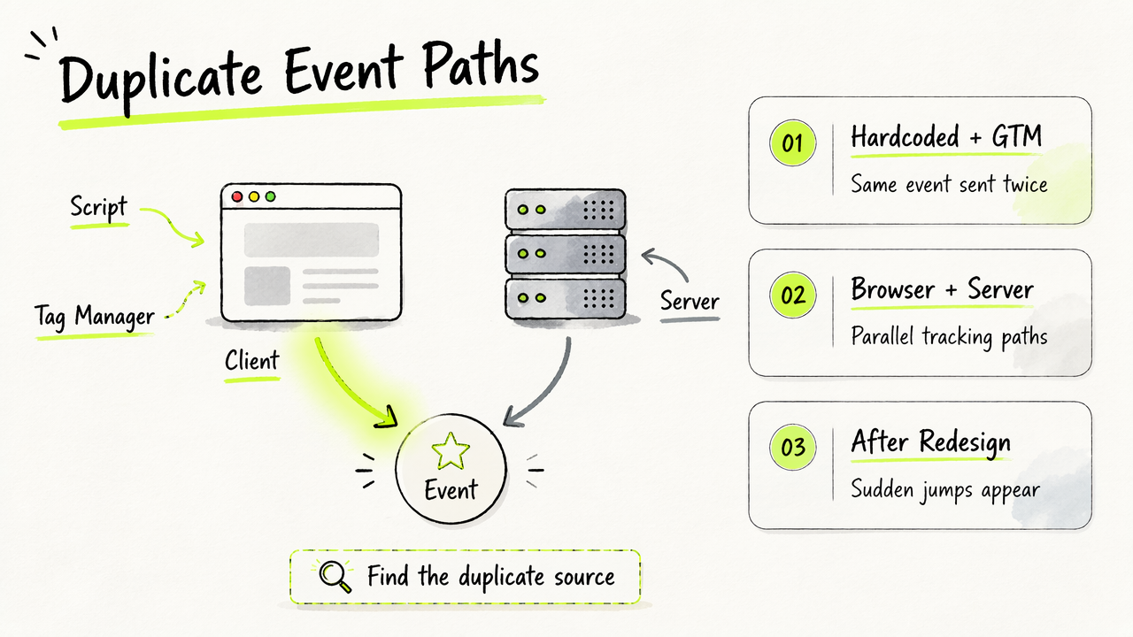 Duplicate website events caused by hardcoded scripts, Tag Manager, and browser-server overlap.