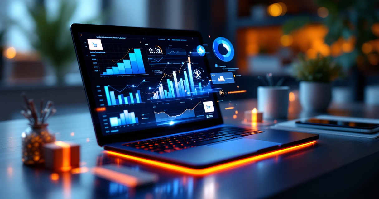 Abstract cookieless ecommerce analytics dashboard visual with glowing data flows and modern Shopify‑style store environment