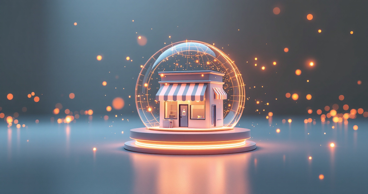 Symbolic ecommerce storefront protected by privacy shield with safe anonymized data streams and green accents