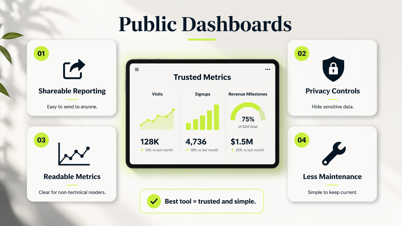 Infographic showing public analytics dashboard features: sharing, privacy, readability, and maintenance.