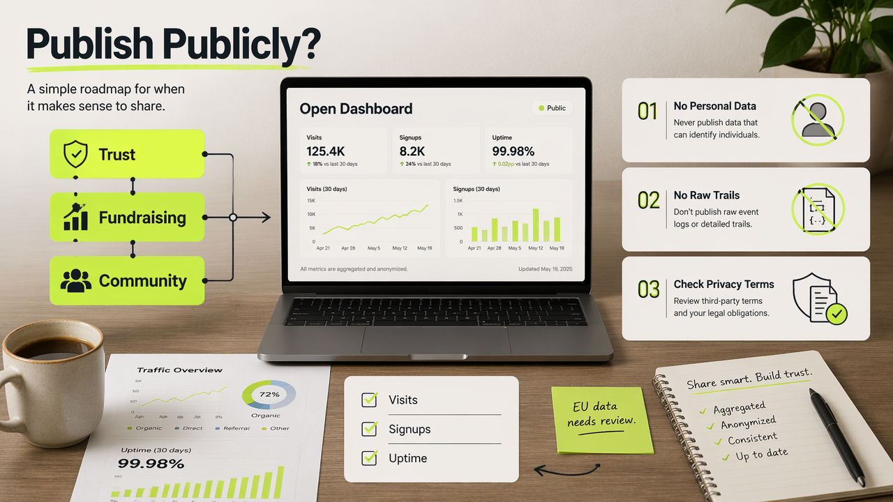 Annotated diagram of when startups should publish analytics publicly and what data to avoid.