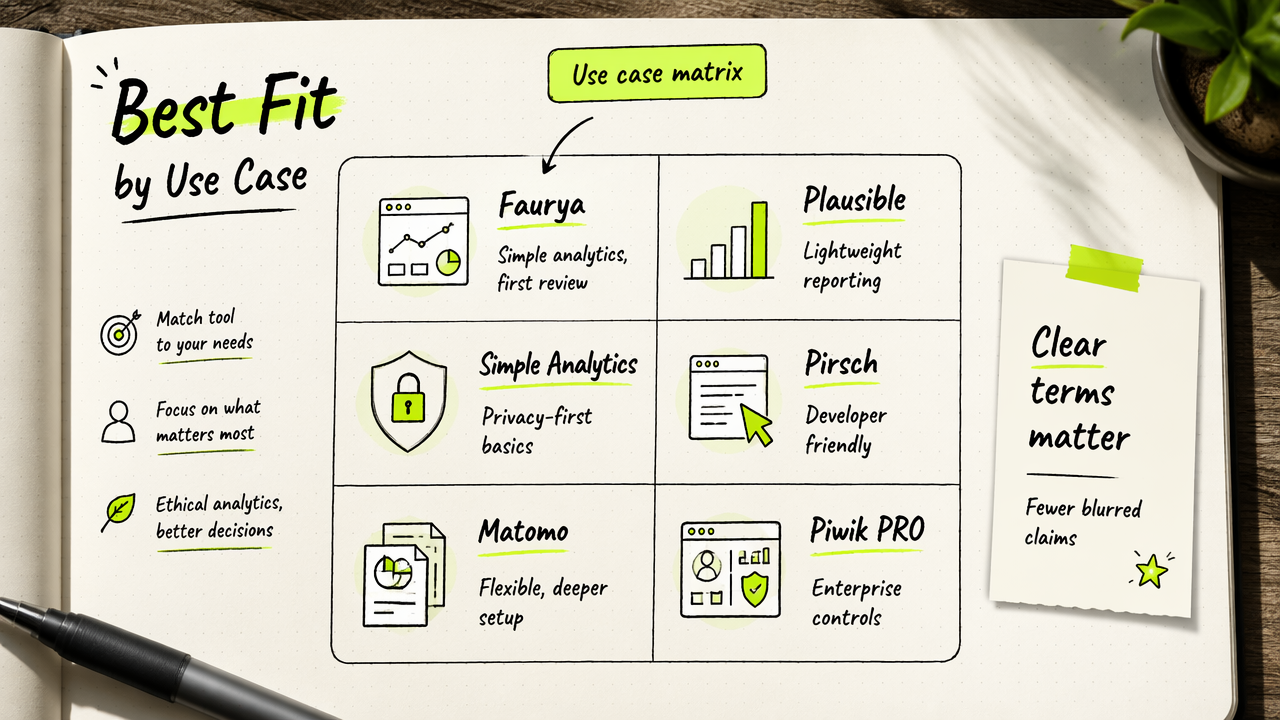 Annotated decision matrix comparing EU-hosted analytics tools by use case.