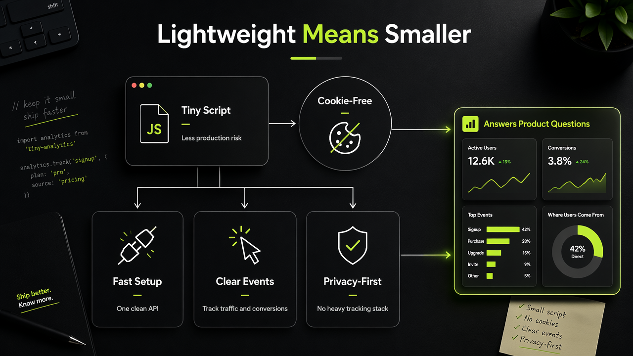 Infographic showing what makes web analytics lightweight for developers.
