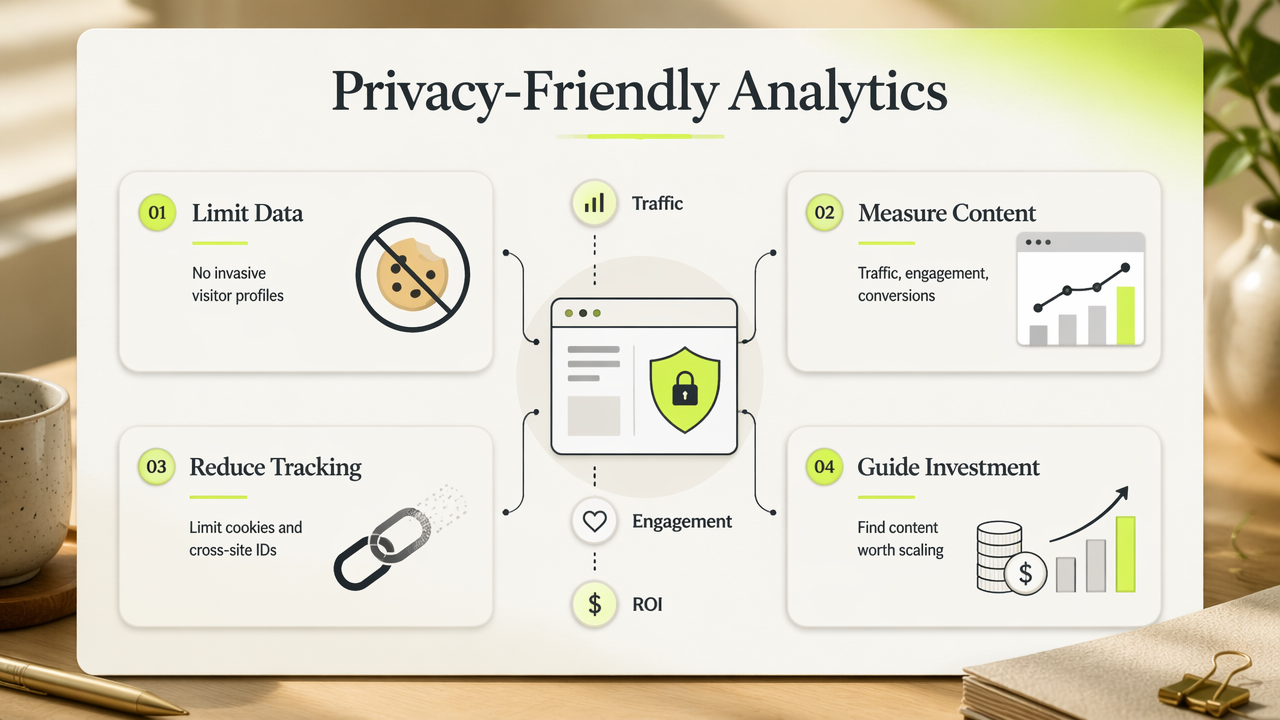 Infographic explaining privacy-friendly analytics for content teams with four key benefits.