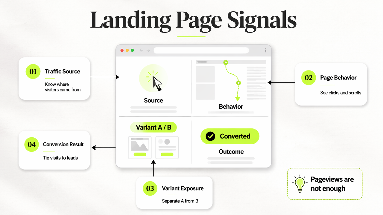 Annotated dashboard showing source, behavior, variant exposure, and conversion outcome for landing page tests.