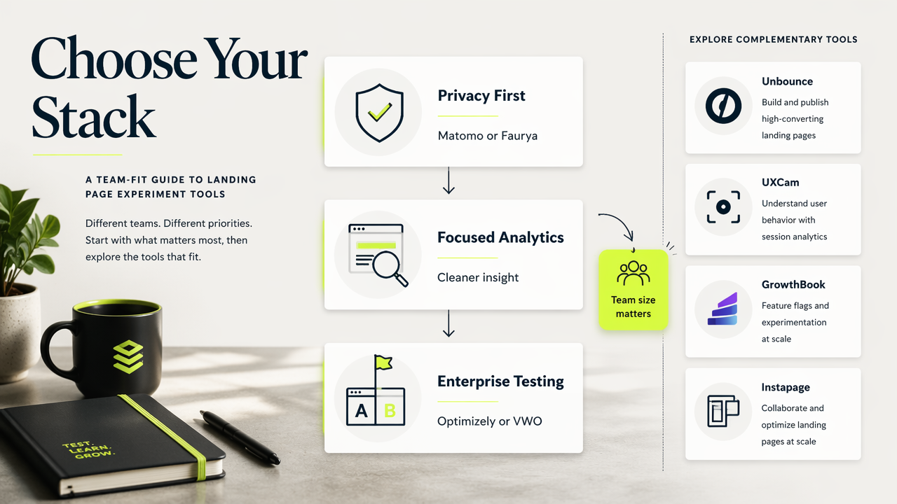Tool comparison diagram for privacy-first, focused analytics, and enterprise experimentation teams.