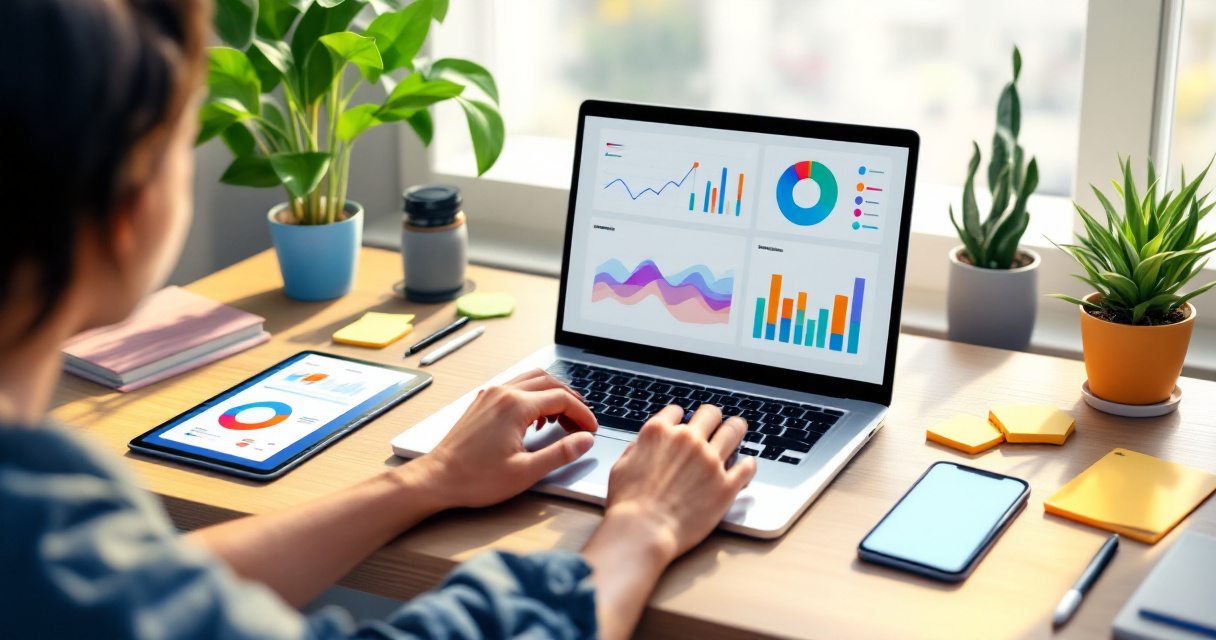 Startup founder workspace with laptop analytics dashboards and growth charts across multiple devices