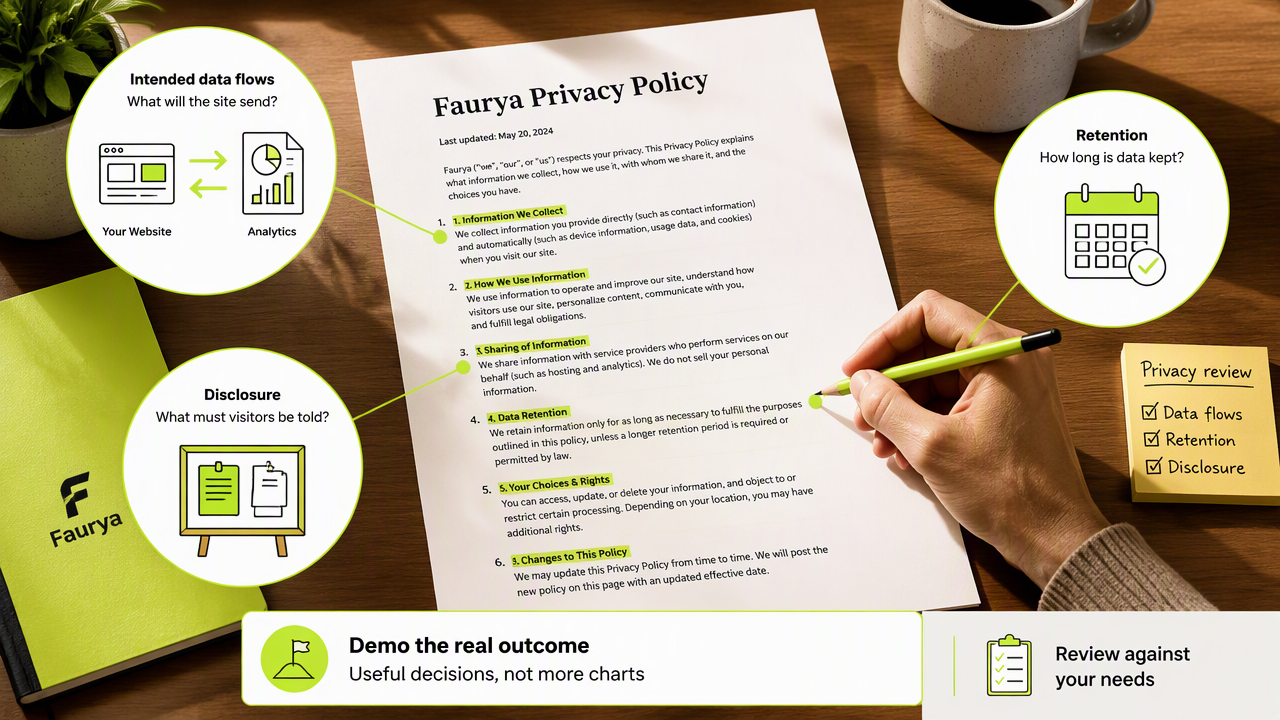 Annotated review of Faurya’s privacy policy covering data flows, retention, disclosure, and business-focused reporting