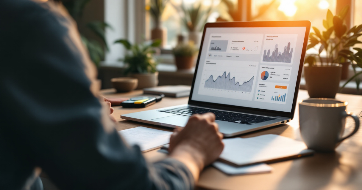 Over-the-shoulder marketing desk scene focused on attentive reading rather than traffic counts