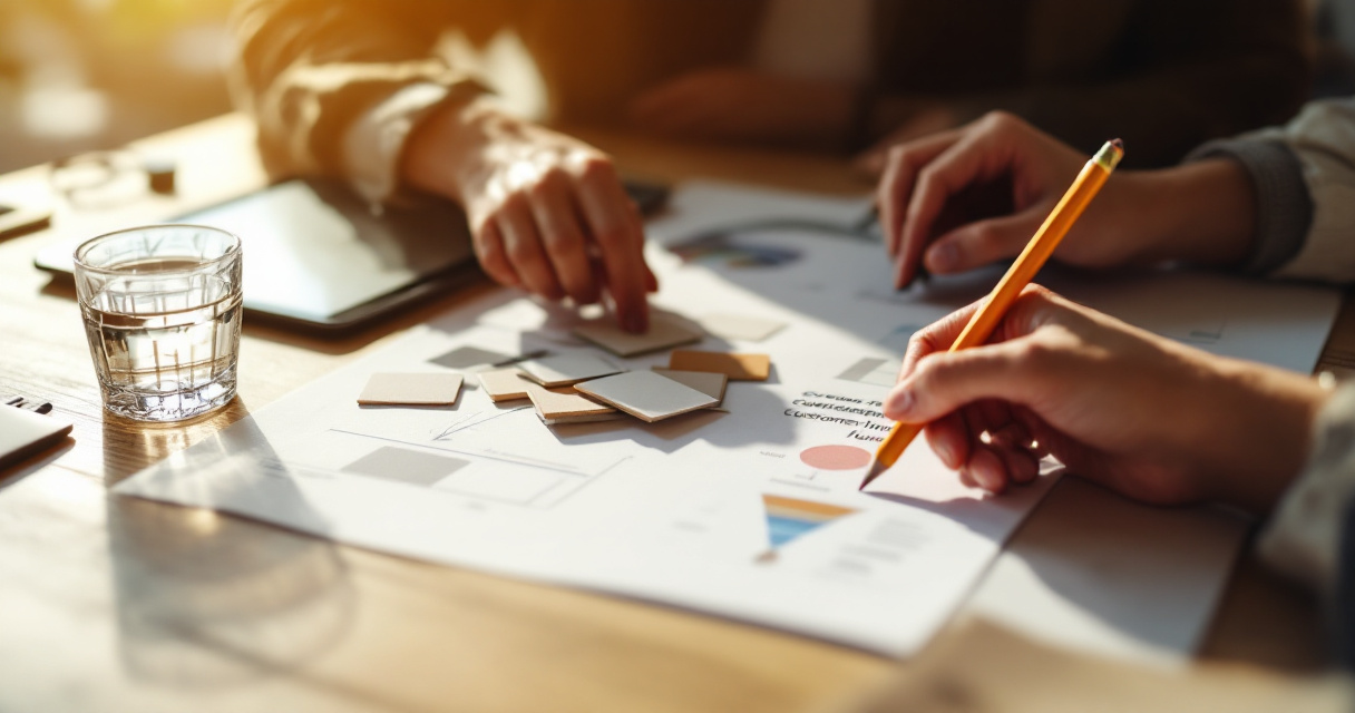 Top-down campaign planning scene illustrating customer intent and conversion-focused content measurement