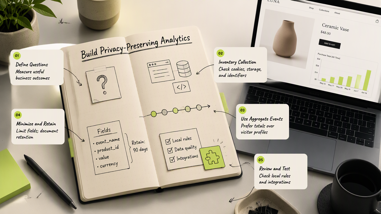 Annotated analytics planning notebook showing business questions, data inventory, aggregate events, retention, and configuration testing.
