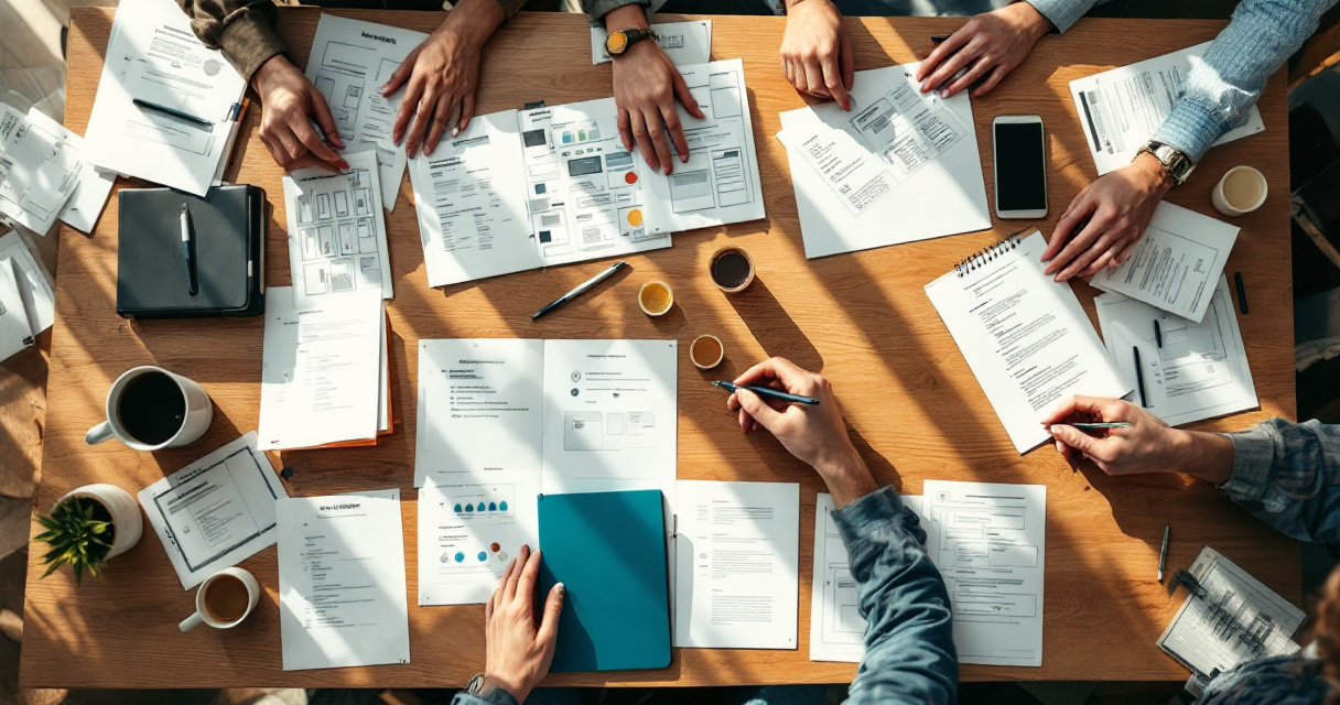 Top-down workshop scene turning docs search and API explorer signals into backlog priorities