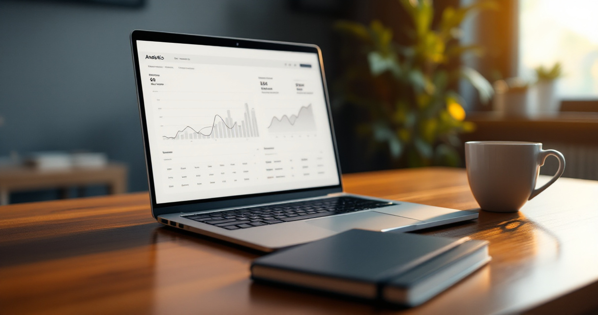 Startup founder reviewing simple privacy-focused web analytics in a calm workspace