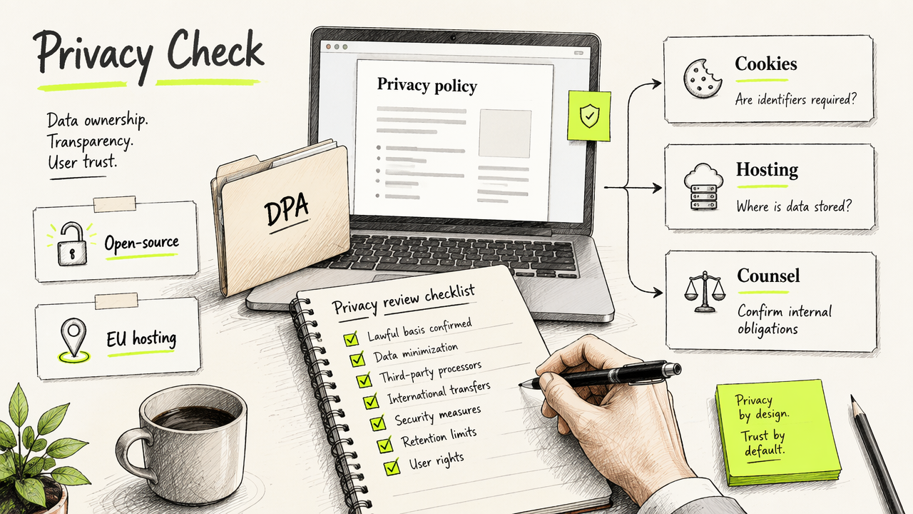 Annotated privacy review desk showing policy, DPA, hosting, and counsel checks.