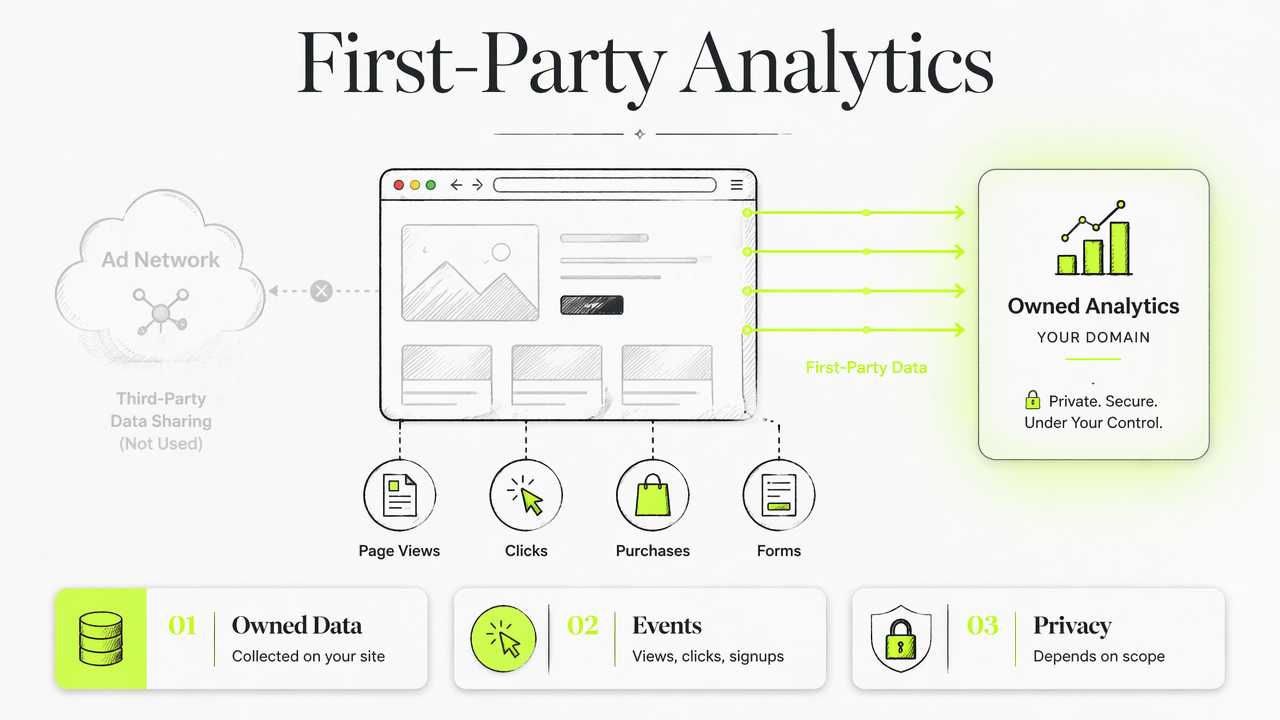 Infographic explaining first-party website analytics, owned data, events, and privacy scope.