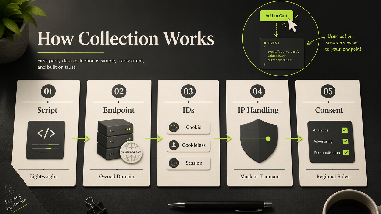 Diagram of first-party collection flow with script, endpoint, IDs, IP handling, and consent.