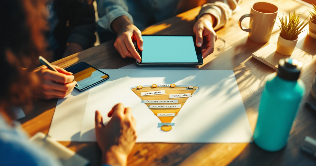 Hands mapping SaaS micro-conversions across devices to predict future paid growth