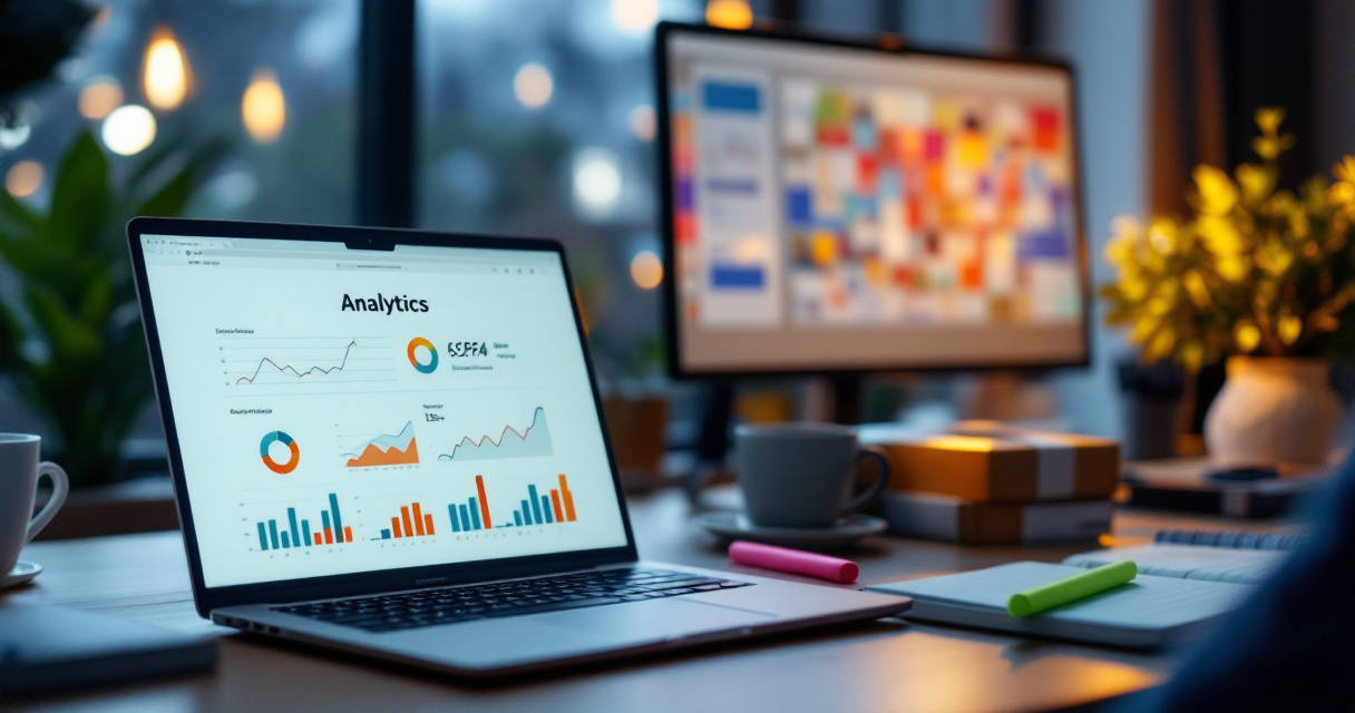 Over-the-shoulder small business desk scene contrasting simple analytics with overwhelming dashboard complexity