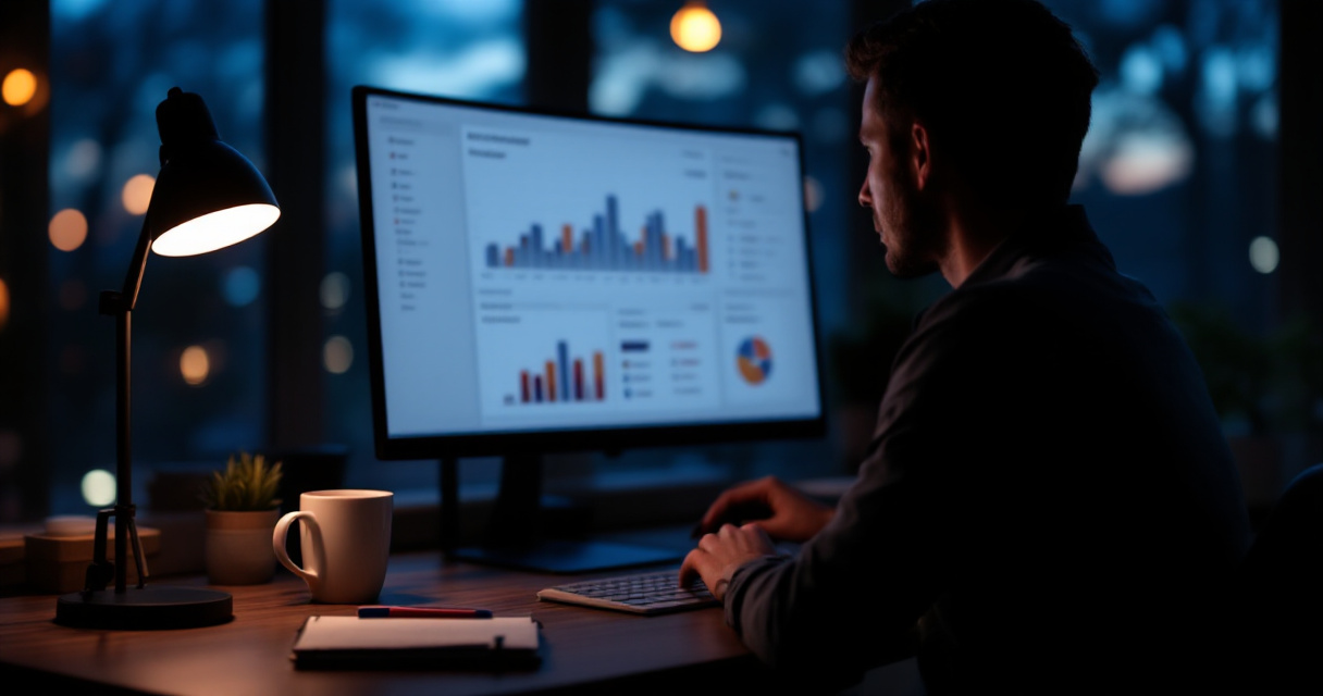 Over-the-shoulder analyst desk scene showing blurred analytics rows and hidden segment data