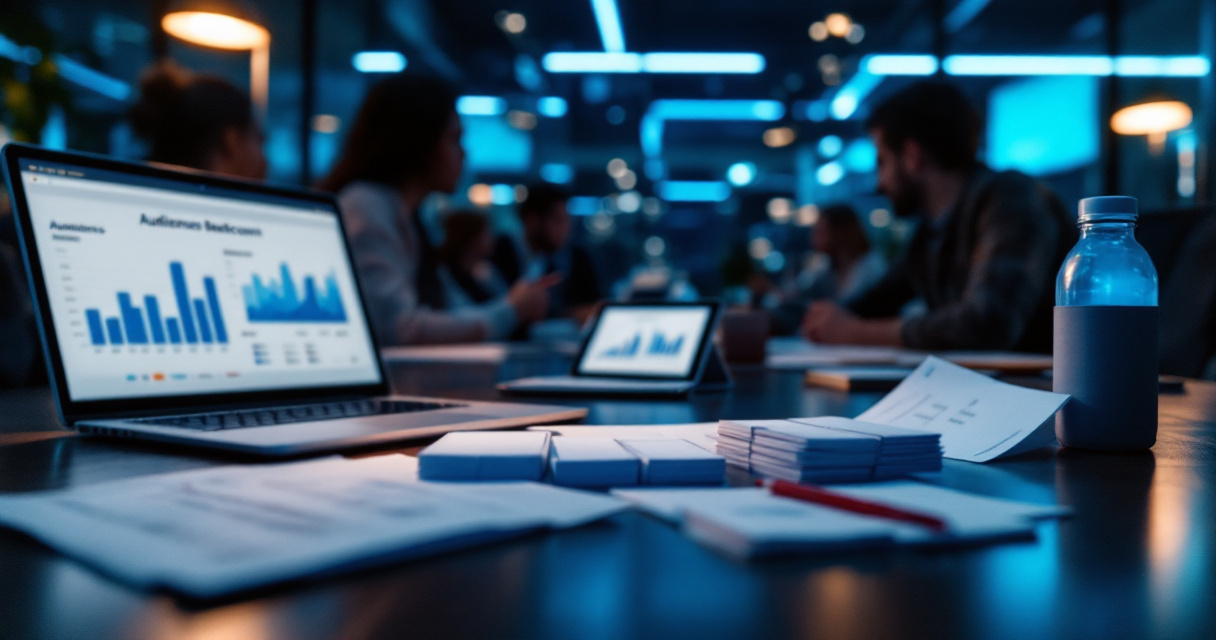 Marketing team reviewing small audience segments affected by privacy thresholding at night