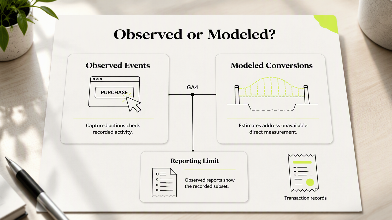 GA4 diagram comparing captured observed events with modeled conversion estimates and transaction records.
