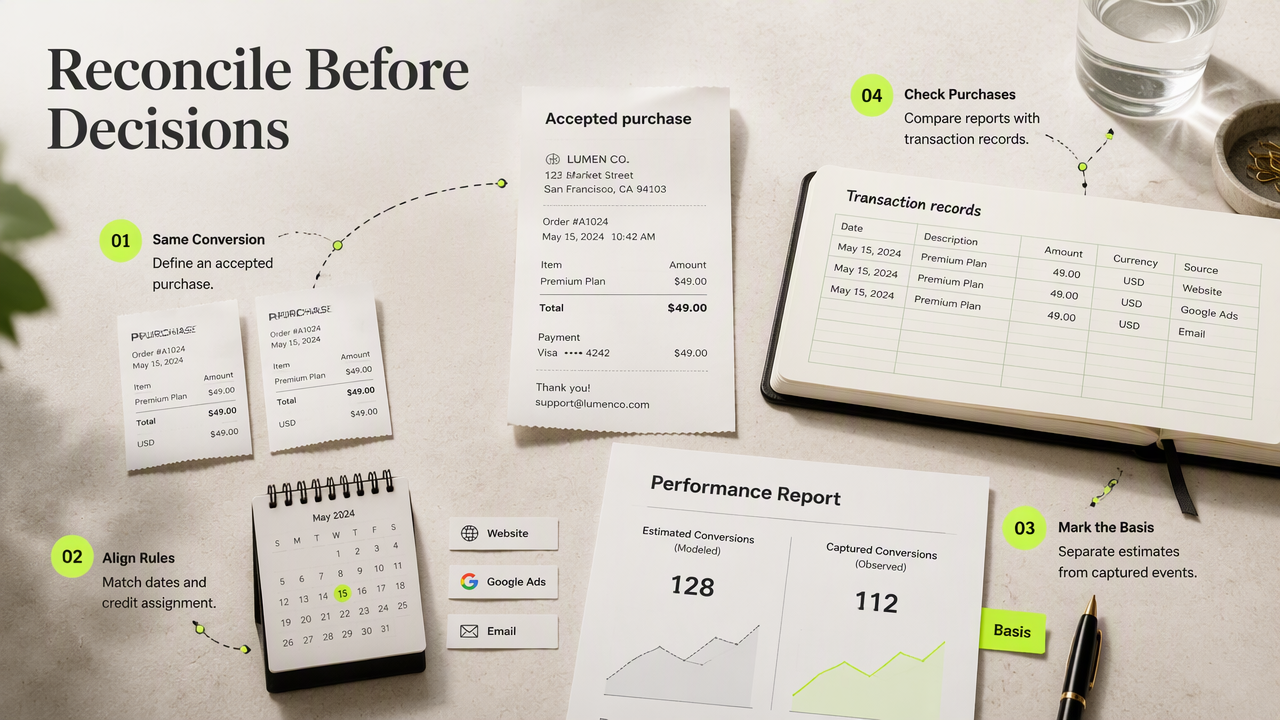 Annotated reconciliation workflow aligning purchase definitions, dates, attribution rules, estimates, and transaction records.