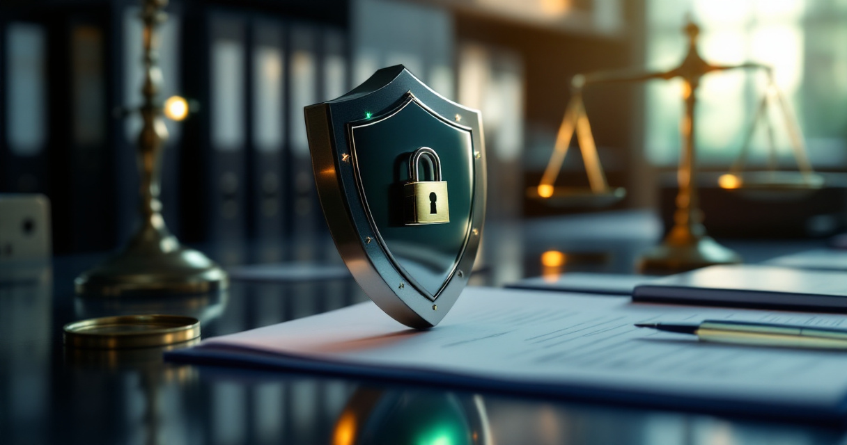 Symbolic GDPR compliance setup with security shield, legal balance scales, and protected analytics infrastructure