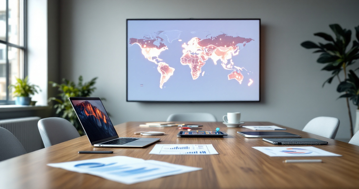SaaS team reviewing geographic traffic signals on a map in a modern office