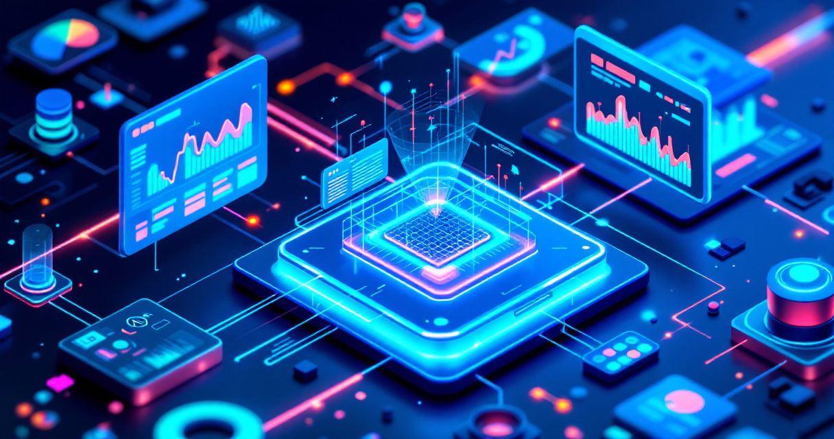 Futuristic SaaS product analytics dashboard with user journey flows and glowing data connections