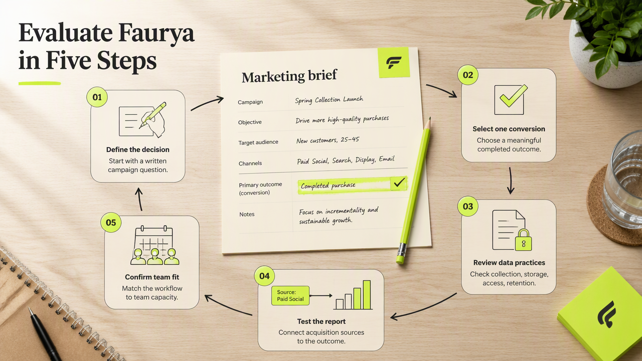 Five-step Faurya evaluation diagram linking a campaign brief, conversion, privacy review, report test, and team capacity.