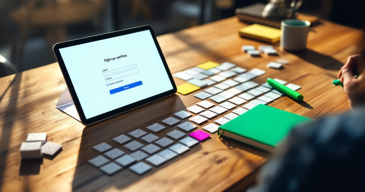 Founder reviewing early waitlist interest using tokens and tablet on desk before product launch