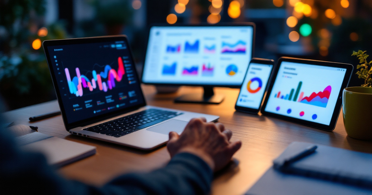 Founder monitoring waitlist growth across laptop tablet and phone with analytics visuals