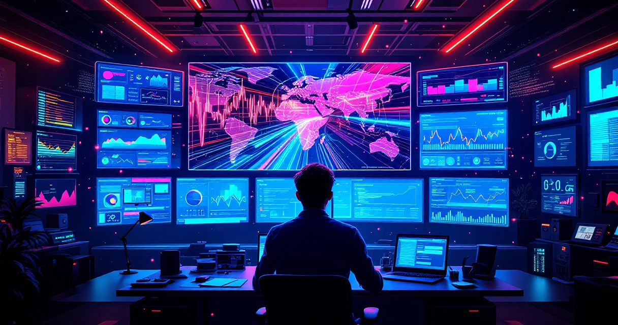 Founder monitoring real-time startup website traffic through glowing analytics dashboards during a launch surge