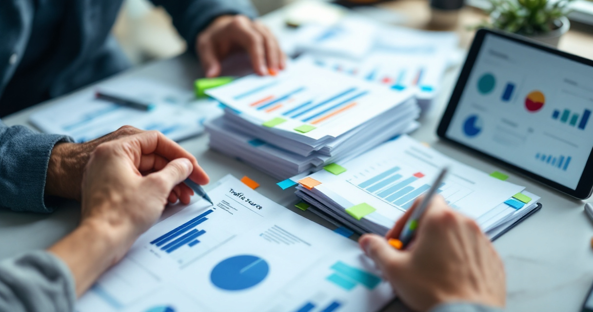 Hands sorting competitor traffic analytics into separate channel groups on a desk