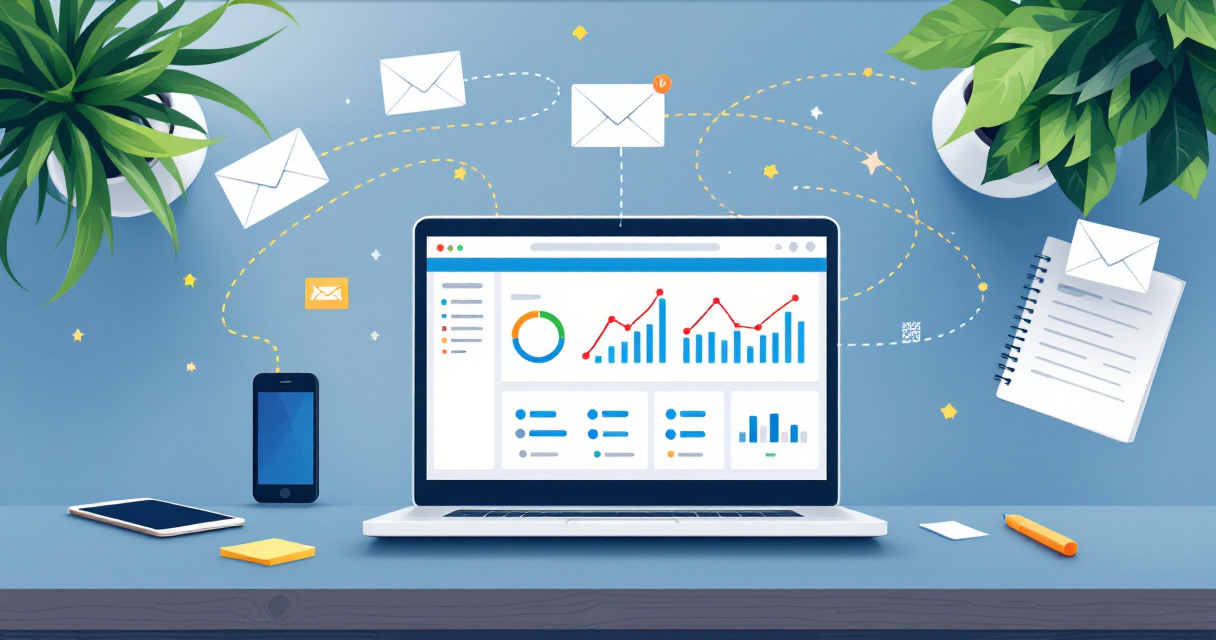 Desk scene with analytics dashboard and colored connections revealing hidden direct traffic sources