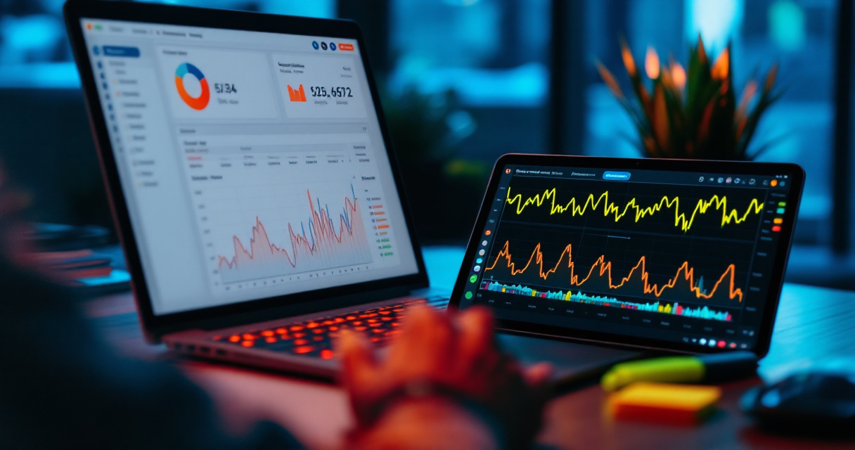 Over-shoulder analyst reviewing suspicious repetitive website traffic patterns on laptop and tablet