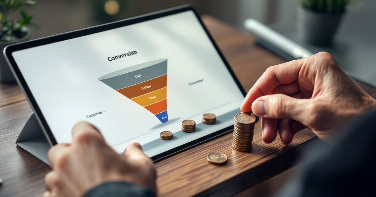 Hands mapping website acquisition cost from visitors to paying customers