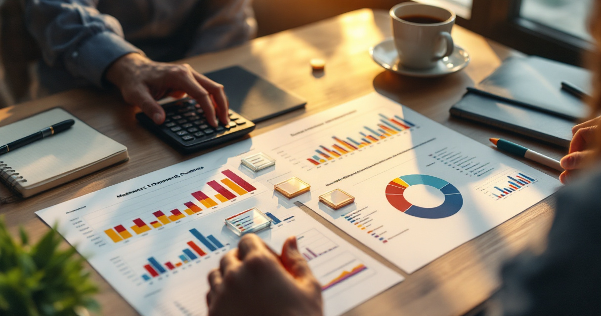 Overhead desk scene comparing multiple marketing channel metrics on a unified scorecard