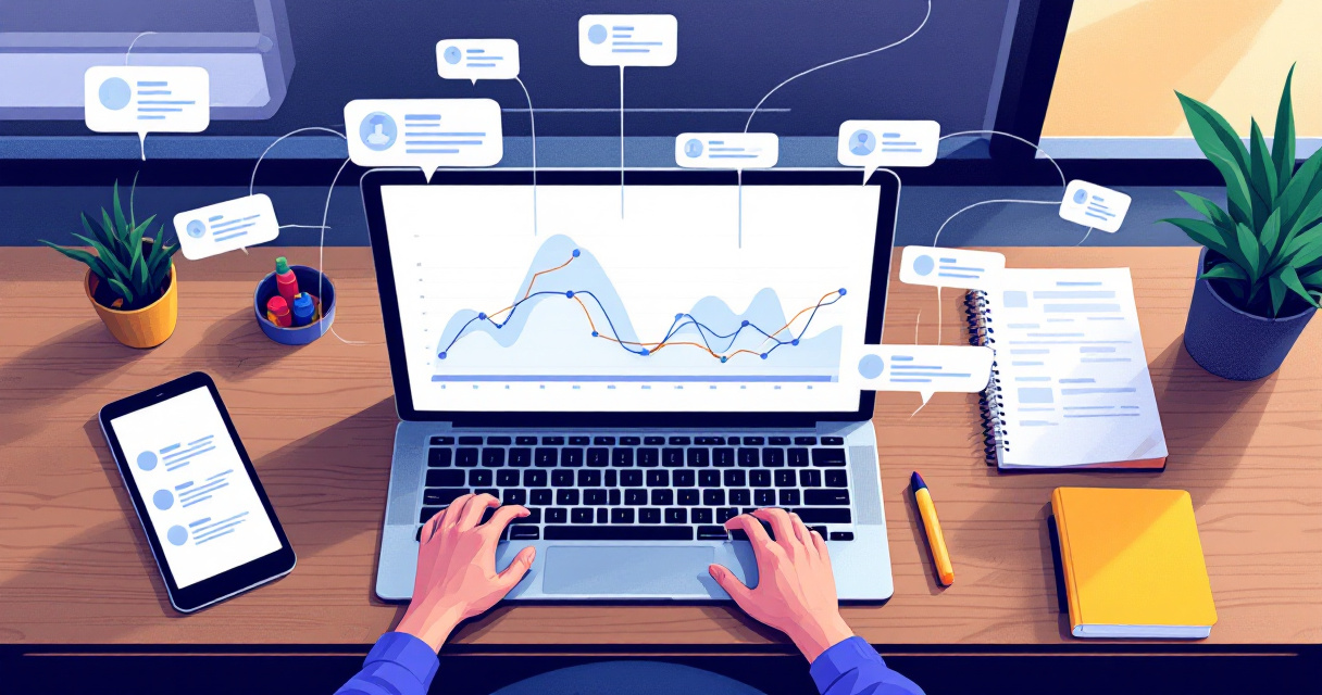 Analytics dashboard receiving referral paths from community platforms across multiple devices on a growth team desk