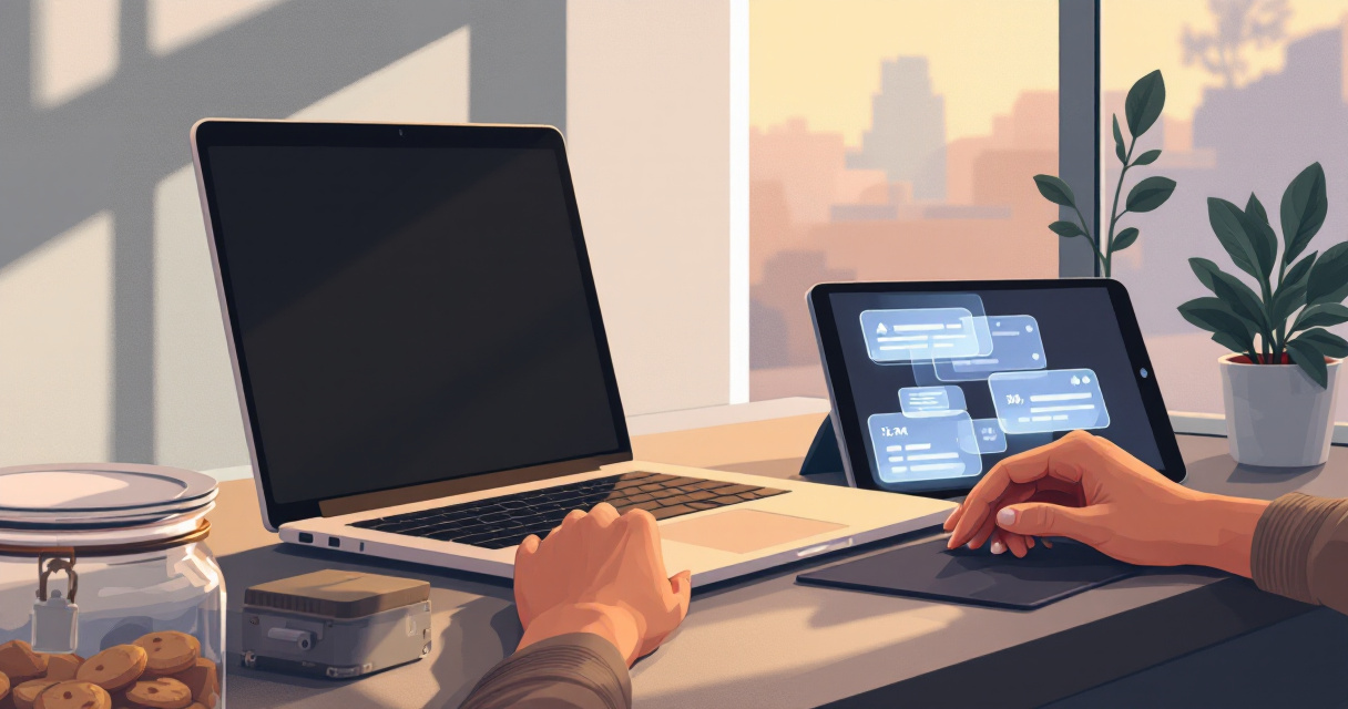 Hands adjusting privacy controls beside laptop and protected analytics devices representing ethical tracking