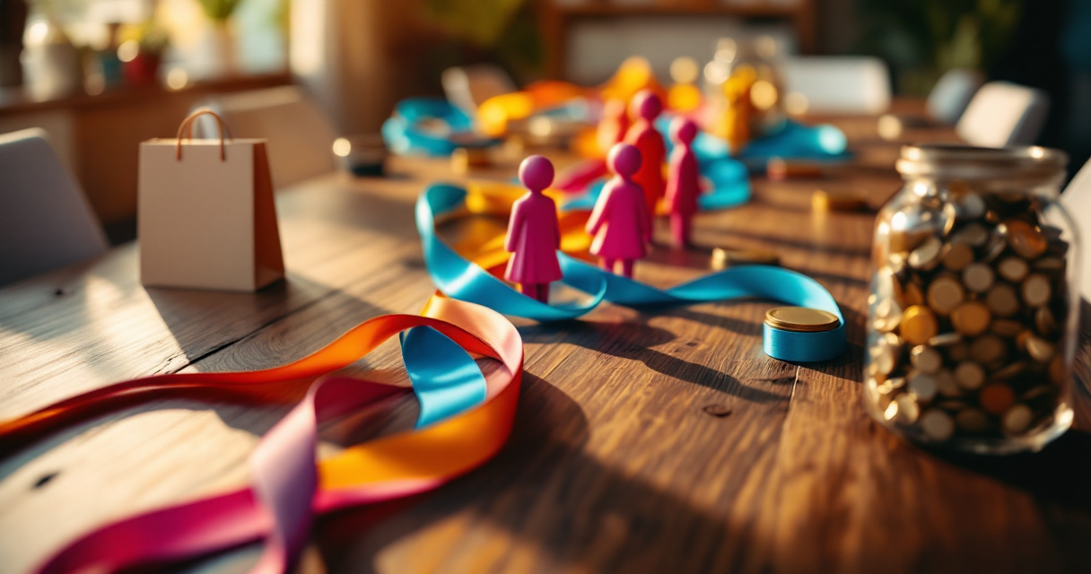 Customer journey objects connect marketing channels to long-term revenue with neon green ribbon.