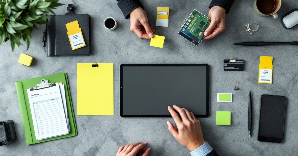 Hands match acquisition records to customer revenue using folders, tabs, and order slips.